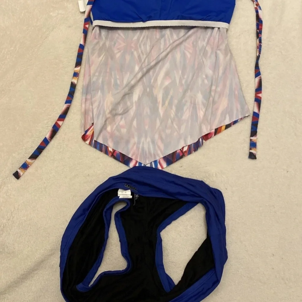 Colorful Geometric Bikini Top and Blue Shorts